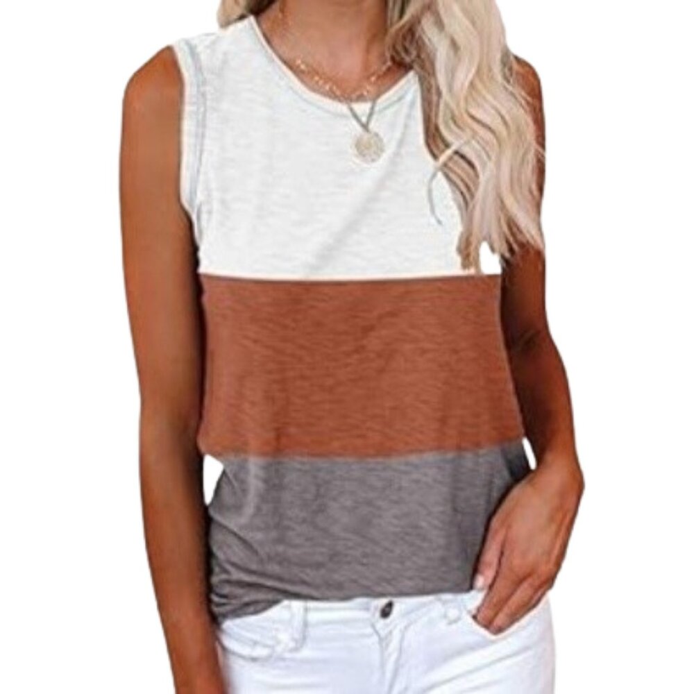 Multicolor Tank Top Color-Block Cream Orange Gray Casual Crewneck Naturals